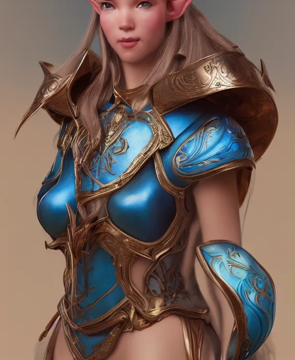 Prompt: a regal elf with long blue windswept hair in a rose gold breastplate, 3 d render by mandy jurgens, artgerm, and lu ji, centered, artsation contest winner, cgsociety, fantasy art, cryengine, concept art, photorealism, daz 3 d, sketchfab, zbrush, vray