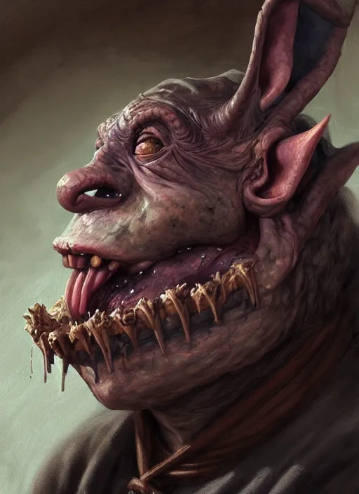 Image similar to profile face portrait of a medieval goblin eating cakes in the cloisters, beautiful face, hyper realistic, highly detailed, digital painting, artstation, illustration, concept art by hyung tae, bosch, giger, frank frazetta, digital paint, matte paint, washed colors, dark, gloomy