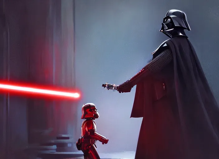 Image similar to a dramatic highly detailed render of darth vader with red lightsaber drawn facing a cute toddler with its back to the camera, futuristic star wars vibe, by WLOP and Artgerm and Greg Rutkowski and Alphonse Mucha, Beautiful dynamic dramatic dark moody lighting, shadows, cinematic atmosphere, Artstation, concept design art, Octane render, 8K, masterpiece, sharp focus, hyperrealistic