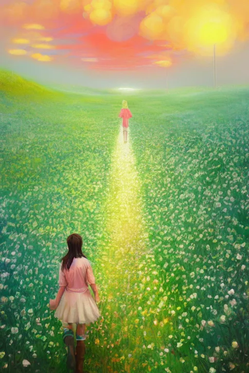 Image similar to giant white flower head, girl walking in a flower field, surreal photography, sunrise, dramatic light, impressionist painting, colorful clouds, digital painting, artstation, simon stalenhag