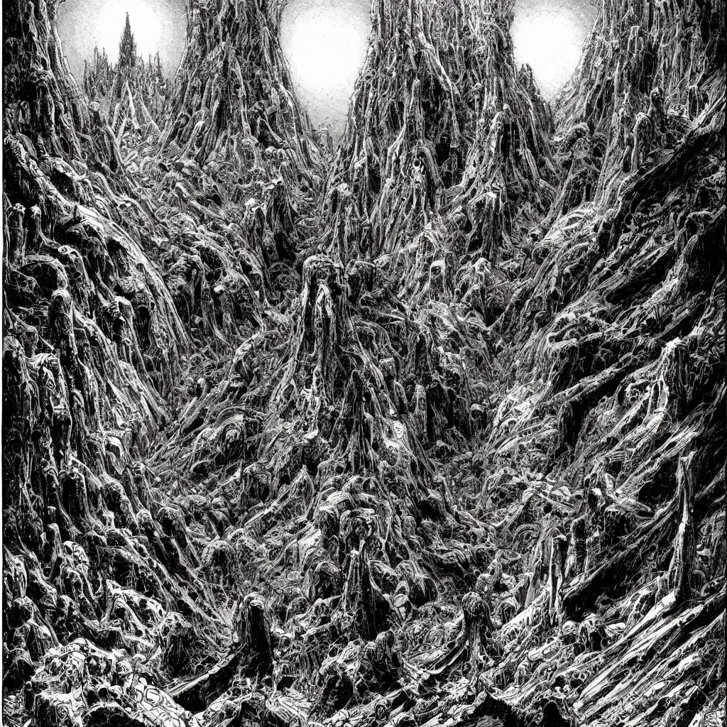 Image similar to hells gates by philippe druillet and gustave dore and much a and moebius and hieronymus bosch