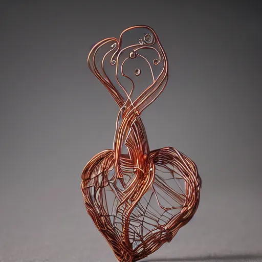 Image similar to a very beautiful tiny human heart organic sculpture made of copper wire and threaded pipes, very intricate, curved. studio lighting, high resolution, high quality, black background