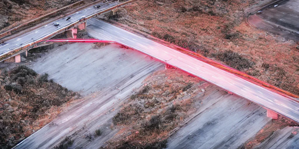 Prompt: weathered analog photo of an abandoned freeway seen from above, drone footage, polaroid, russian architecture, concrete, azure tones, fog, mist, lensflare, neon lights, red lasers, depth of field, color bleed, heavy film grain