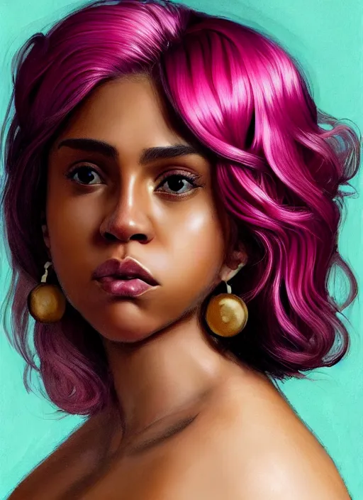 Image similar to full body portrait, teenage vanessa morgan, pink hair, brown skin, obese, curly pixie hair, sultry, realistic, short hair, hoop earrings, skirt, shirt, fat, belly, intricate, elegant, highly detailed, digital painting, artstation, concept art, smooth, sharp focus, illustration, art by wlop, mars ravelo and greg rutkowski