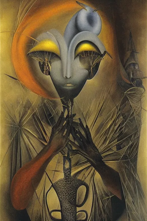 Image similar to surrealist painting by remedios varo full of subtle hints, mystic characters and misleading perspectives, ultrastation hq, 8 l, hyperrealistic, very highly detailed