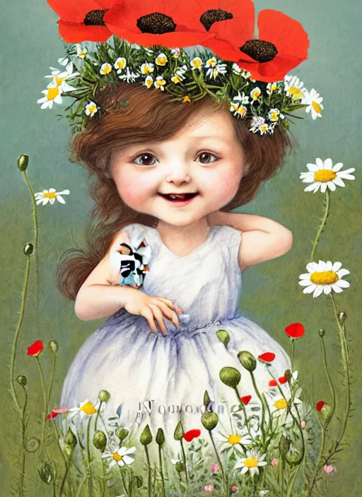 Image similar to a storybook illustration painting of a smiling happy cute rabbit wearing a flower crown, daisies and poppies, by antoine de saint - exupery and annabel kidston and naomi okubo and jean - baptiste monge. a child storybook illustration, muted colors, soft colors, low saturation, fine lines, white paper