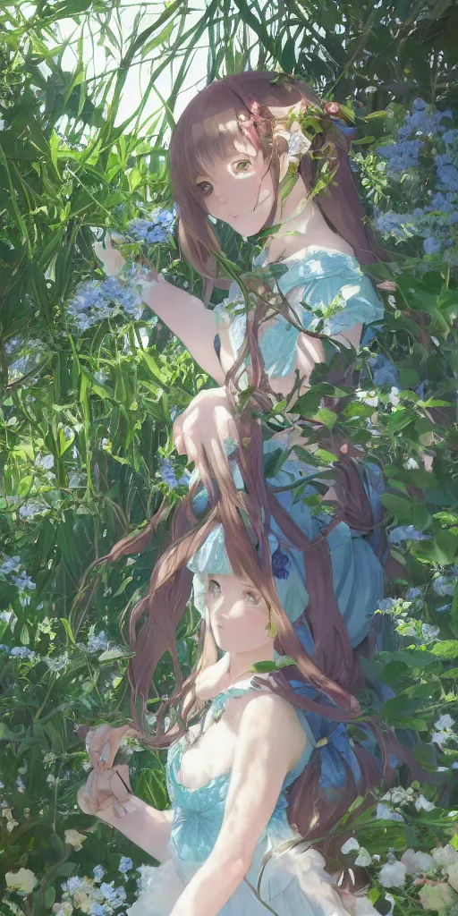 Image similar to a loli with long hair in a dress in the privet garden at after noon, green and warm theme, blue accents, low angle, back lighting, highly detailed, 4 k resolution, trending on art station, by krenz cushart and mucha and akihito yoshida and greg rutkowski and makoto shinkai