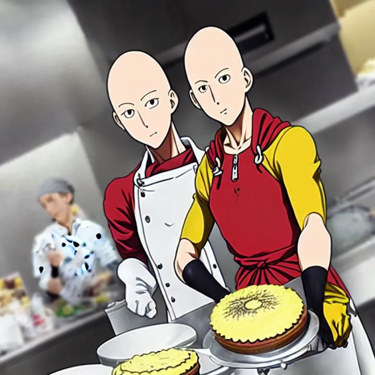 Image similar to chef saitama one punch man, dressed as a pastry chef, making a cake, anime artwork