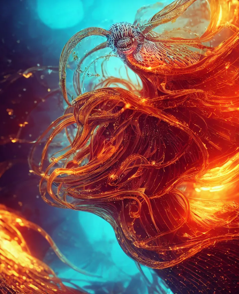Image similar to close-up macro portrait of the face of a beautiful princess, epic angle and pose, symmetrical artwork, 3d with depth of field, blurred background, cybernetic jellyfish female face skull phoenix bird, translucent, nautilus, energy flows of water and fire. a highly detailed epic cinematic concept art CG render. made in Maya, Blender and Photoshop, octane render, excellent composition, cinematic dystopian brutalist atmosphere, dynamic dramatic cinematic lighting, aesthetic, very inspirational, arthouse. y Greg Rutkowski, Ilya Kuvshinov, WLOP, Stanley Artgerm Lau, Ruan Jia and Fenghua Zhong