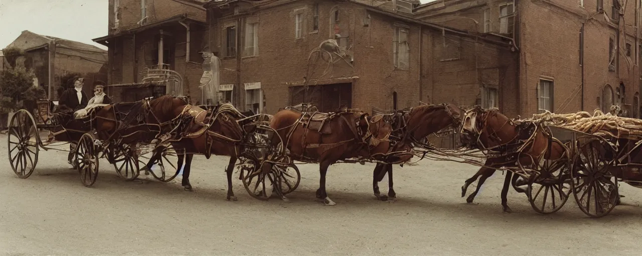 Image similar to 1 8 0 0 s horse drawn carriage carrying spaghetti to a factory building, daguerreotype, ultra - realistic faces, fine detail, anon 5 0 mm, wes anderson, kodachrome, retro