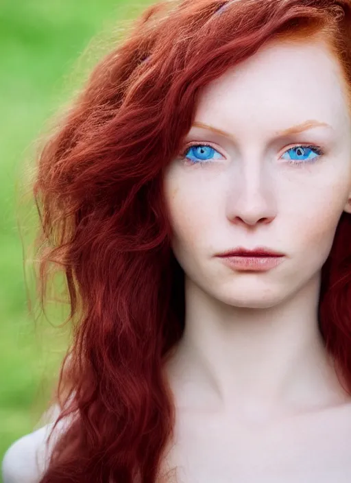 Image similar to close up portrait photograph of a thin young redhead woman with russian descent, sunbathed skin, with deep blue eyes. Wavy long maroon colored hair. she looks directly at the camera. Slightly open mouth, face takes up half of the photo. a park visible in the background. 55mm nikon. Intricate. Very detailed 8k texture. Sharp. Cinematic post-processing. Award winning portrait photography. Sharp eyes.