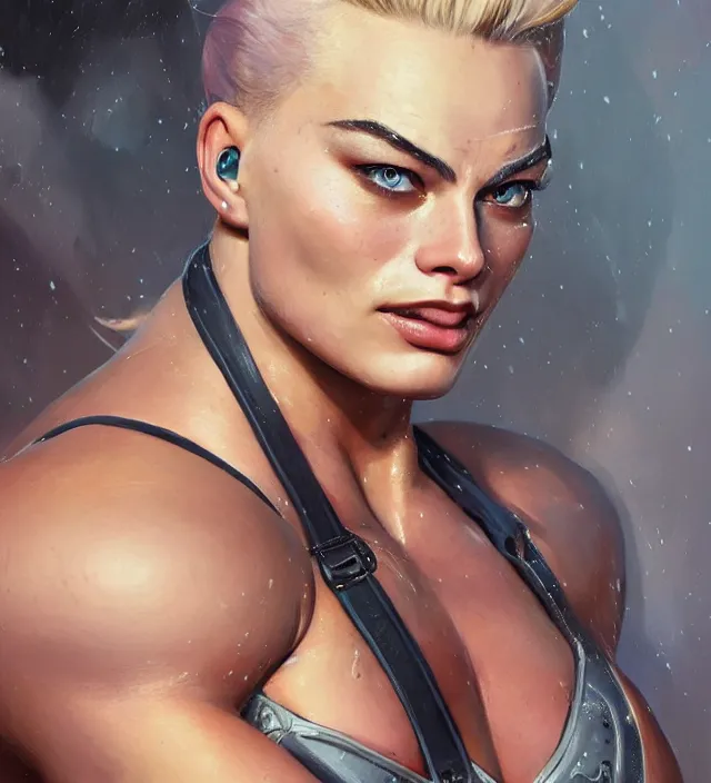 Image similar to detailed portrait of margot robbie as a thick female bodybuilder zarya from overwatch, attractive, beautiful, fantasy, intricate, elegant, highly detailed, digital painting, artstation, concept art, matte, sharp focus, illustration, art by aenaluck, artgerm and roberto ferri and greg rutkowski, epic fantasy, digital painting