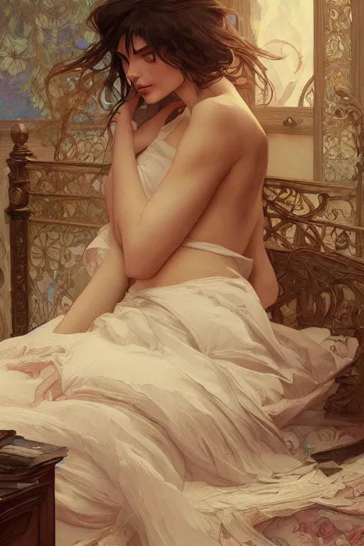 Image similar to emily ratajkowski, bedroom, intricate, elegant, highly detailed, digital painting, artstation, concept art, smooth, sharp focus, illustration, art by krenz cushart and artem demura and alphonse mucha