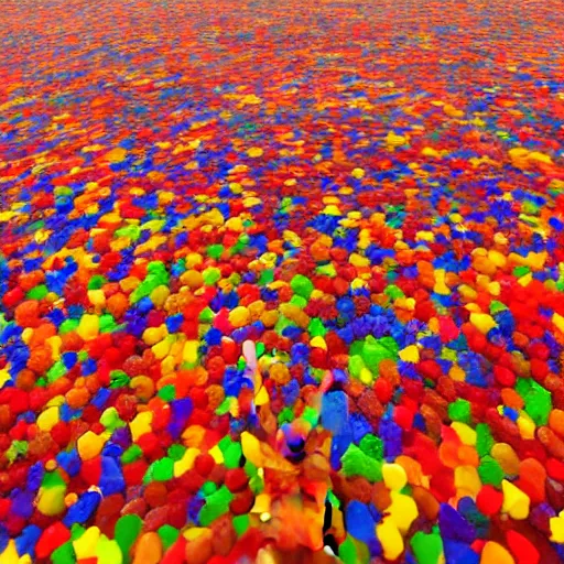 Image similar to a human head sculpture made out of thousands small gummy bears placed on the surface of the ocean, giant sculpture, in the style of chad knight, long shot, hyper detailed, hyper realistic, ray tracing, 8 k resolution, sharp focus, realistic water, award winning