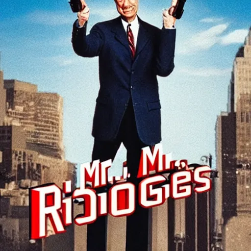 Prompt: Mr. Rogers as an action movie poster dual wielding high-caliber pistols with explosions in the background