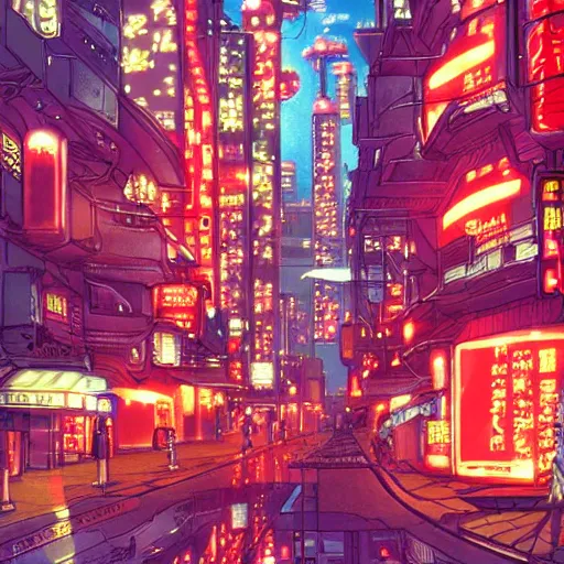 Prompt: anime illustration of neo tokyo with red lamps, studio ghibli