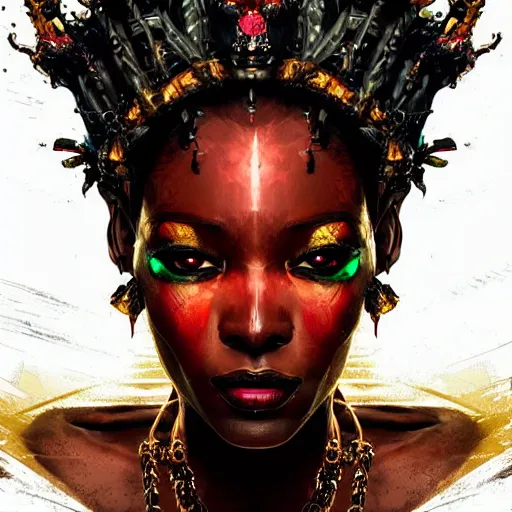 Image similar to a dark and ominous african queen with glowing eyes and a golden crown with a ruby and an emerald in her forehead, Apex Legends character digital illustration portrait design, by android jones and greg rutkowski in a cyberpunk voodoo style, detailed, cinematic lighting, wide angle action dynamic portrait