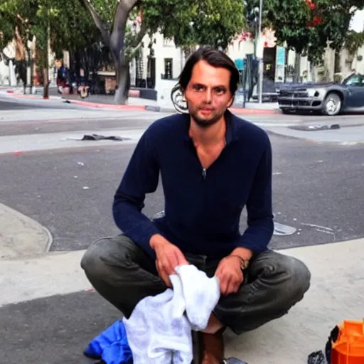 Image similar to thierry baudet begging in la, homeless, dirty clothes