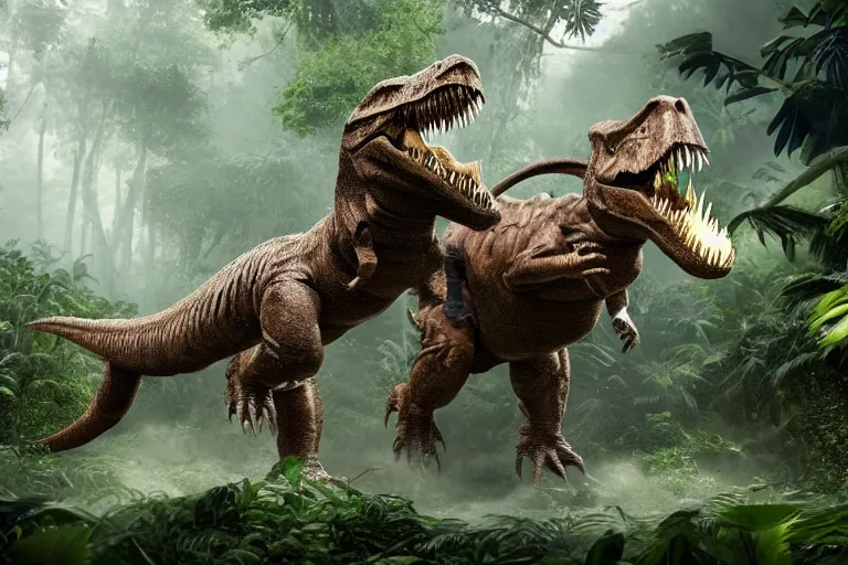 Image similar to a photo of a human fighting a t rex in a fantasy jungle, photorealistic, hd, 8 k