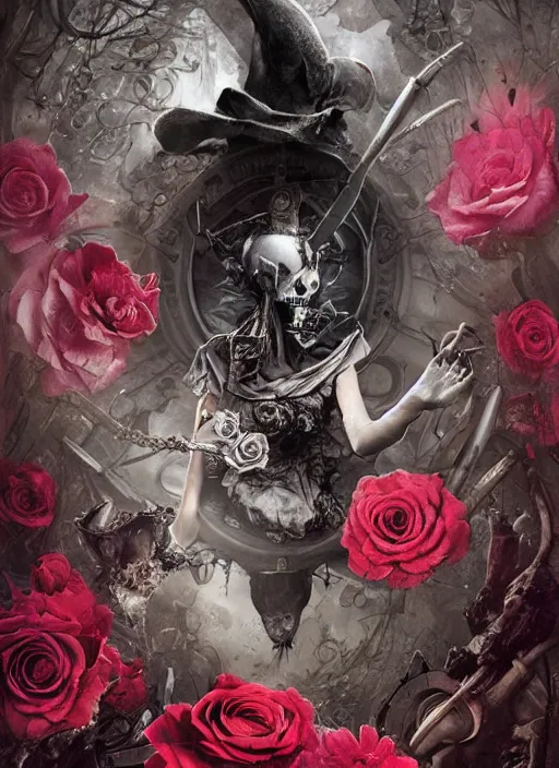 Image similar to Alice in Wonderland,roses, bullets, guns,death tarot card,highly detailed,half skull face,cinematic,8k,by Stanley Artgermm,Tom Bagshaw,Greg Rutkowski,Carne Griffiths, Ayami Kojima, Beksinski, Giger,trending on DeviantArt,hyper detailed,horror, full of colour