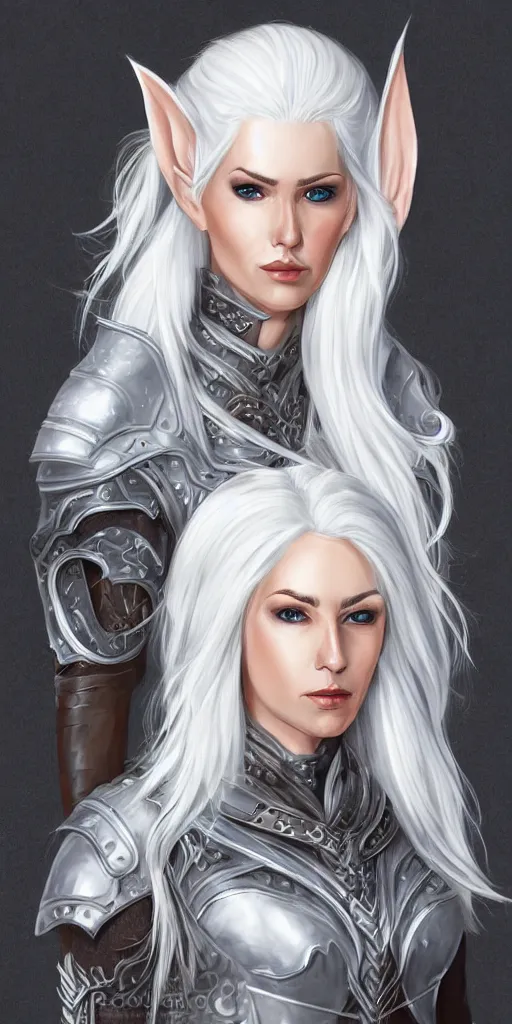 Image similar to white haired elven woman, hunting outfit, full body leather armor, portrait, centered, muscular, fantasy, highly detailed, sharp, digital painting,, cell shading