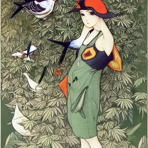 Prompt: two pigeon, cannabis tree, pigeons and trees by Range Murata and Mucha