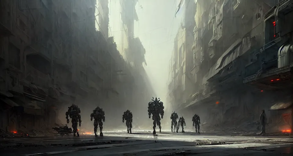 Image similar to hyper realistic sci - fi matte concept art painting of a mecha walking down a war torn street, beautiful details, strong composition painted by kim jung guweta studio rutkowski, james gurney and greg rutkowski, and lucasfilm, smooth, intricate, detailed, sharp focus, cinematic