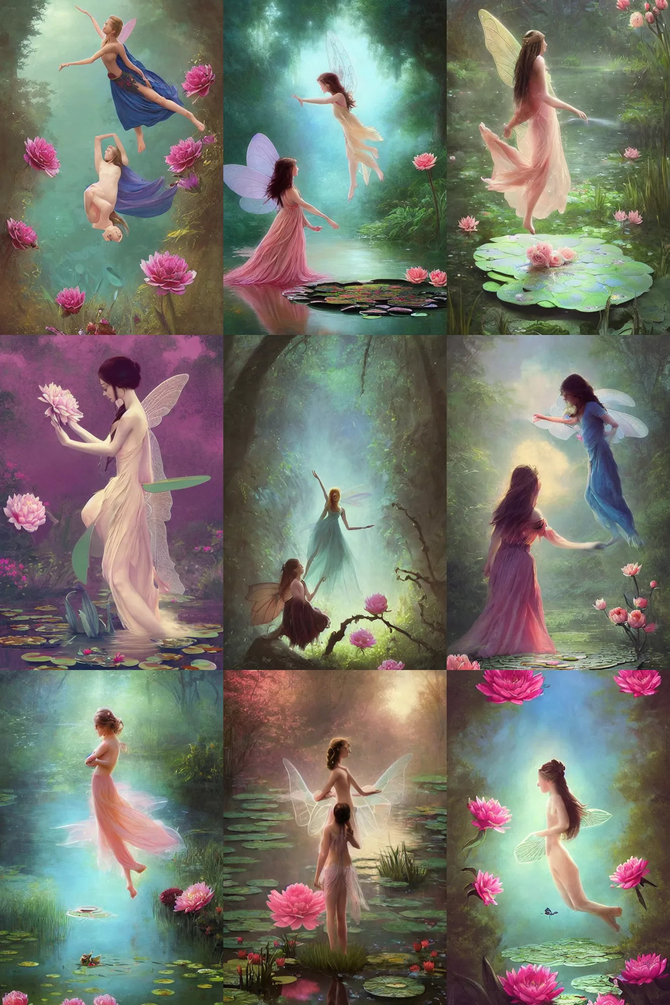 Prompt: a fairy cinematic boy girl traditional romance moment of a friends lily pad pond standing on a lily pad, wearing boho clothing and peonies, silhouette, Minimal Movie Posters, fantasy magic, art masterpiece by Greg Rutkowski, Gaston Bussiere, craig mullins, Falero Luis Ricardo, #wip #illustration #illustradraw #illustrator #vector #colors #colorschemes