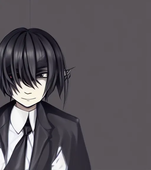 Prompt: a professional 8 5 mm portrait photograph of shuichi saihara from danganronpa, an 1 8 year old japanese man with gray eyes, long eyelashes, feminine features, black school uniform, and dark blue hair, emo, thin eyebrows, beautiful features, detective