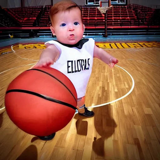 Prompt: a baby dunking a basketball, dramatic action photography, close up, epic shot