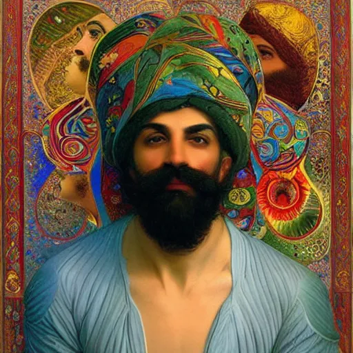 Image similar to beautiful iranian persian man with mustache, kaleidoscope, victor nizovtsev, botticelli, bouguereau