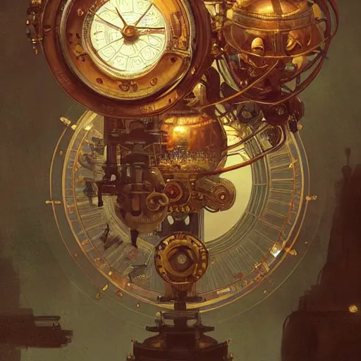 Prompt: Steampunk orrery, gorgeous, beautiful, intricate, highly detailed, digital painting, artstation, oppressive lighting, concept art, sharp focus, illustration, art by greg rutkowski and alphonse mucha