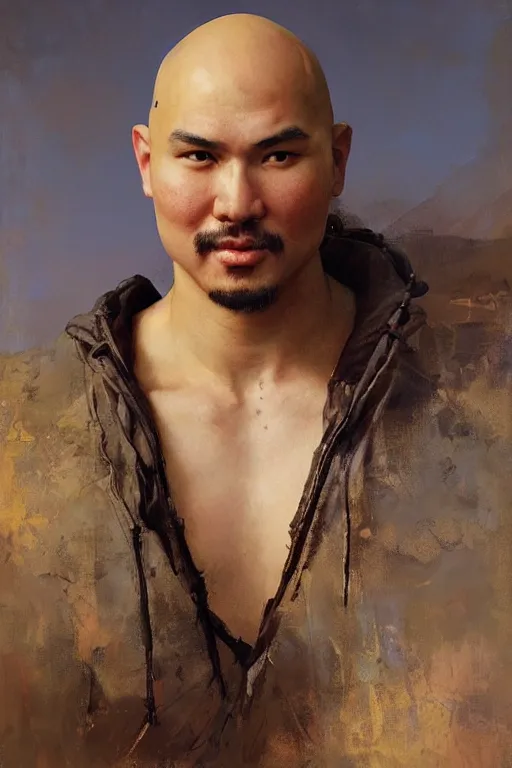 Prompt: beautiful cute bald kazakh guy with a short beard, painted by ruan jia, raymond swanland, lawrence alma tadema, zdzislaw beksinski, norman rockwell, jack kirby, tom lovell, alex malveda, greg staples