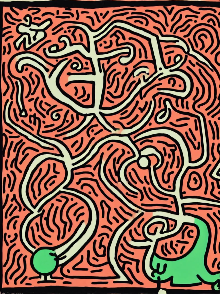 Image similar to minimal acorn that turns into a tree in the shape of a treble clef, a big rip down the middle, splashes of color, inspirational and powerful, clear high resolution acorn and tree, keith haring