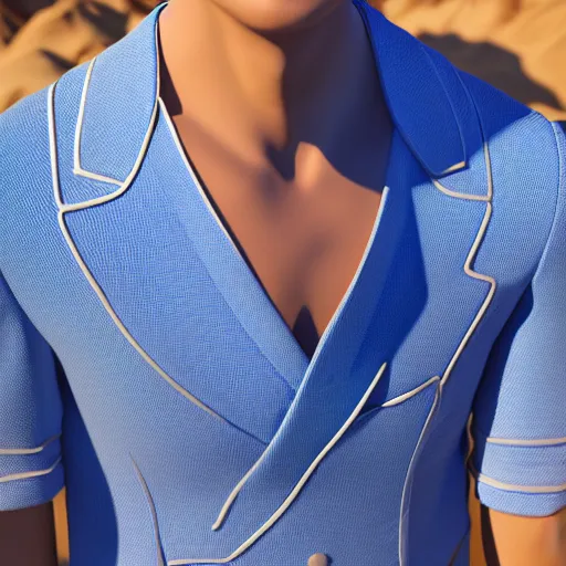 Image similar to man in blue, avant-garde art, deco fashion, highly detailed, photorealistic upper body portrait, serene desert setting, bright sun light, crisp quality and light reflections, unreal engine 5 quality render