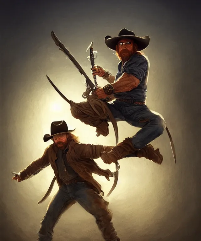 Image similar to chuck norris, cinematic, wearing a cowboy hat, kicking a ninja, elegant, highly detailed, digital painting, artstation, smooth, hard focus, illustration, art by jessica rossier and and brian froud