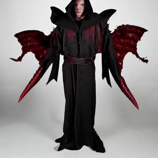 Prompt: demonic angel hunter, dark robe, dark red scaly skin, horns