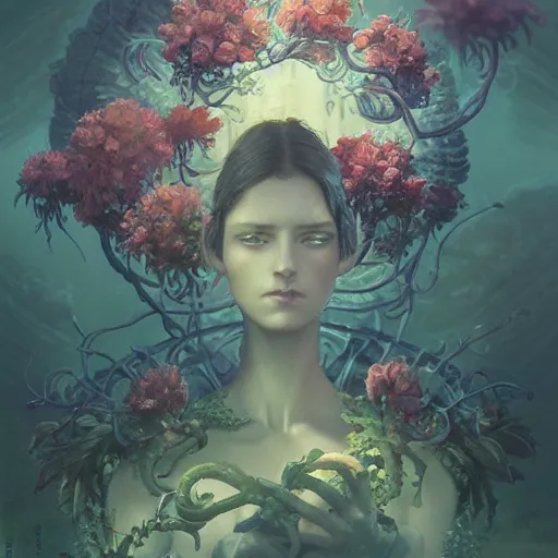 Prompt: exquisite flowers, imaginative alien creature poster art, humanoid, anthro, botanical illustration 8 k, octane render by lucusfilm weta studio tom bagshaw james jean frank frazetta, james gurney martine johanna and simon stalenhag and chie yoshii and casey weldon