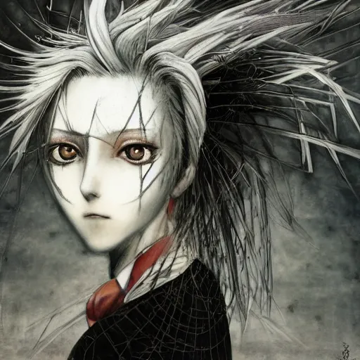 Image similar to Yoshitaka Amano realistic illustration of an anime girl with white hair and cracks on her face wearing dress suit with tie fluttering in the wind, abstract black and white patterns on the background, noisy film grain effect, highly detailed, Renaissance oil painting, weird portrait angle