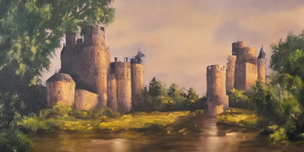 Image similar to an oil painting of a medieval castle by Linda Bergkvist, extremely beautiful, f/1.4