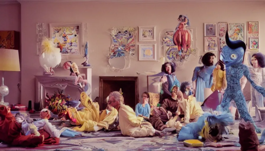 Image similar to movie still by alejandro jodorowsky of a beautiful day in a family living room in suburban usa, visible magic energy, dream creature costumes, floating planets, fish, parade floats, cinestill 8 0 0 t eastmancolor technicolor, high quality, very detailed, heavy grain, fine facial features, 8 k, octane render