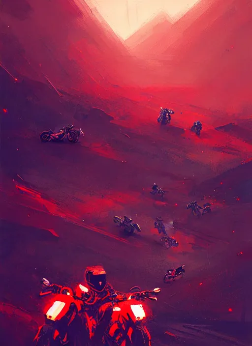 Image similar to sci - fi art, motorbikers race in hell, red peaks in the background, art by ismail inceoglu