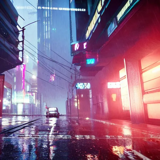 Prompt: A street level view of a raining cyberpunk city, unreal engine, volumetric lighting, 4k