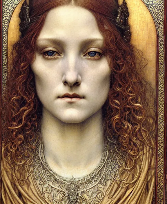 Image similar to detailed realistic beautiful young medieval queen face portrait by jean delville, gustave dore and marco mazzoni, art nouveau, symbolist, visionary, gothic, pre - raphaelite. horizontal symmetry