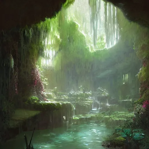Prompt: painting of an interior of a hidden hotspring in a small cave, fantasy, lush plants and flowers, natural light, concept art, by greg rutkowski, cozy atmospheric and cinematic lighting