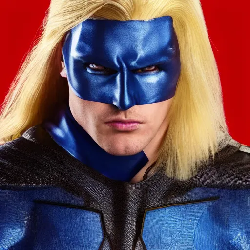 Prompt: portrait of a evil blonde superhero two sides hair and thin face lines, his cape is the american flag, he is angry, his costume is blue with yellow eagles head on the shoulders, 8 k, hyper realistic, movie imax shot, film, cinematography, red