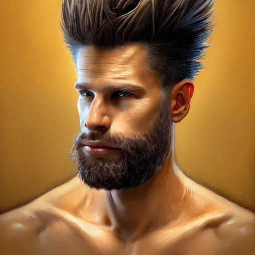 Image similar to portrait of bart simpson as a real human, soft hair, muscular, half body, leather, hairy, d & d, fantasy, intricate, elegant, highly detailed, digital painting, artstation, concept art, smooth, sharp focus, illustration, art by artgerm and greg rutkowski and alphonse mucha