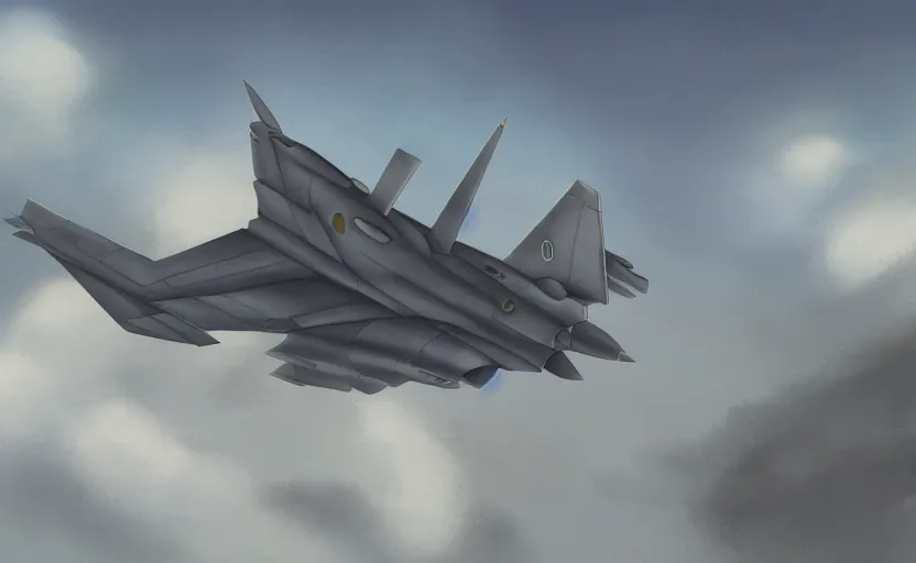 Prompt: a cell - shaded studio ghibli concept art study of a grey cube in the sky. a fighter jet is in the background. wide shot, very dull colors, hd, 4 k, hq