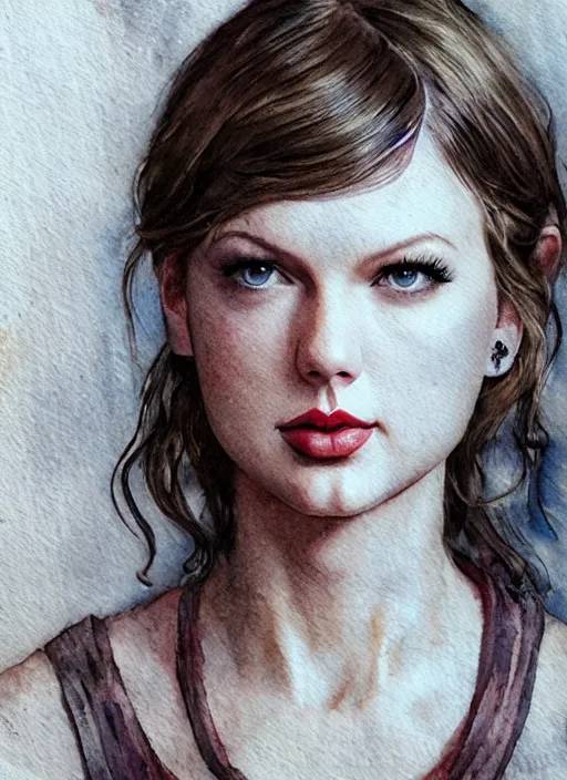 Image similar to portrait, Taylor Swift in the Last of Us universe, watercolor, dramatic lighting, cinematic, establishing shot, extremely high detail, foto realistic, cinematic lighting, pen and ink, intricate line drawings, by Yoshitaka Amano, Ruan Jia, Kentaro Miura, Artgerm, post processed, concept art, artstation, matte painting, style by eddie mendoza, raphael lacoste, alex ross