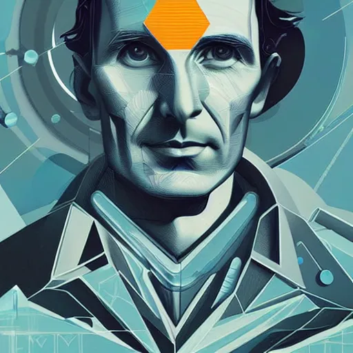 Prompt: majestic futuristic visionary inventor nikola tesla profile picture by sachin teng and android jones, masterpiece, organic painting, matte painting, technical geometrical drawing shapes, electrical color, hard edges, graffiti, street art by sachin teng